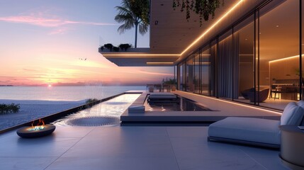 Fototapeta premium A modern terrace lounge with a sleek water feature, minimalist furniture, and a panoramic view of a peaceful beach at sunset.