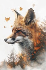 Obraz premium Red fox looking left merging with autumn forest scene