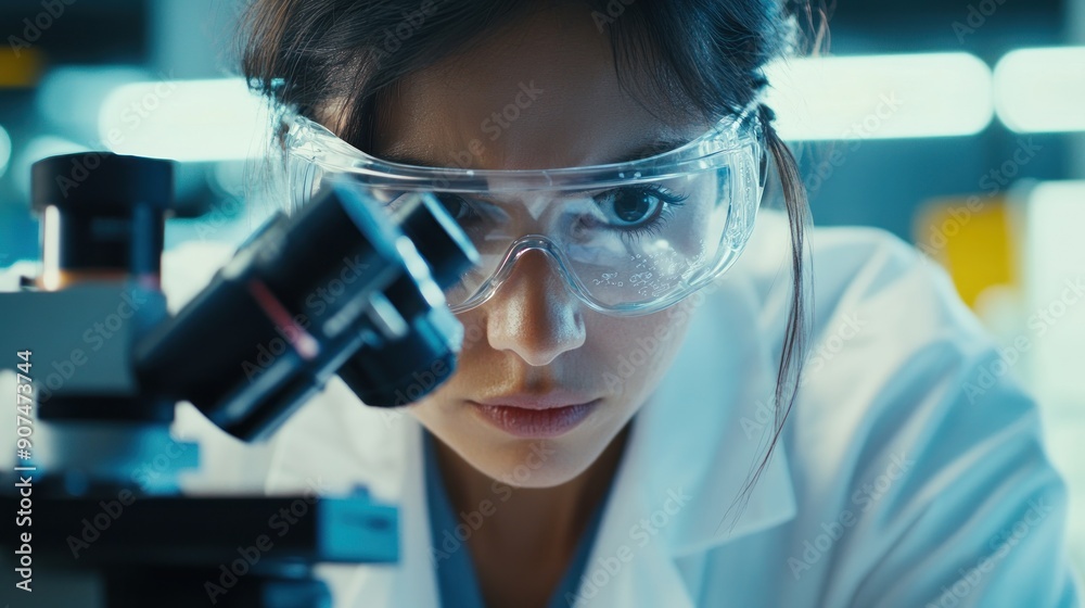 Poster A Focused Scientist Examining a Slide Through a Microscope