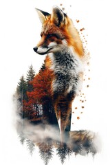 Fototapeta premium Red fox standing in autumn forest double exposure