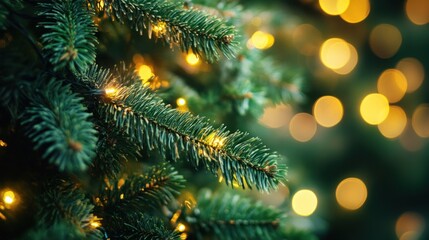Close-up of a Pine Branch with Warm Lights