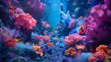 Fototapeta premium Vibrant coral reef teeming with colorful fish in crystal-clear blue ocean water