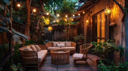 Rattan sofa on the courtyard of the house in a beautiful evening with garden lights