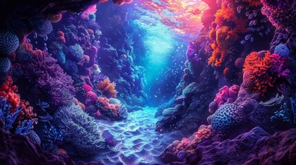 A surreal underwater world with colorful, fantastical sea creatures and glowing corals