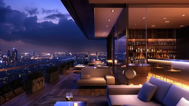 A modern terrace lounge with a sleek bar area, elegant sofas, and a stunning view of a bustling cityscape at night, with the city lights twinkling against the dark sky.