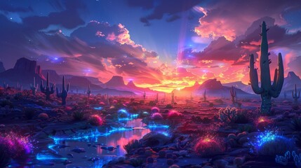 Fototapeta premium Dramatic golden hour paints vibrant sky with fluffy clouds, casting long shadows on majestic mountains