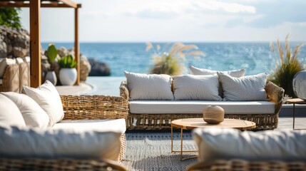 Rattan sofas and coffee tables on the courtyard 