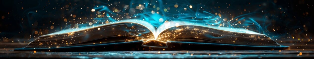 Fototapeta premium Mystical Fantasy Glowing Grimoire on a Wooden Table Surrounded by an Enchanted Misty Aura as if from a Dream World