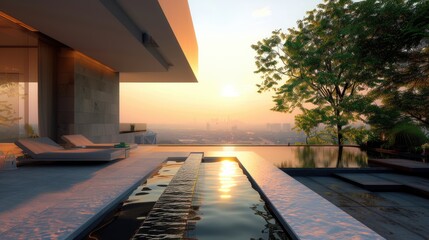 A modern terrace lounge with a sleek water feature, minimalist design, and a stunning view of a vibrant cityscape at sunset.