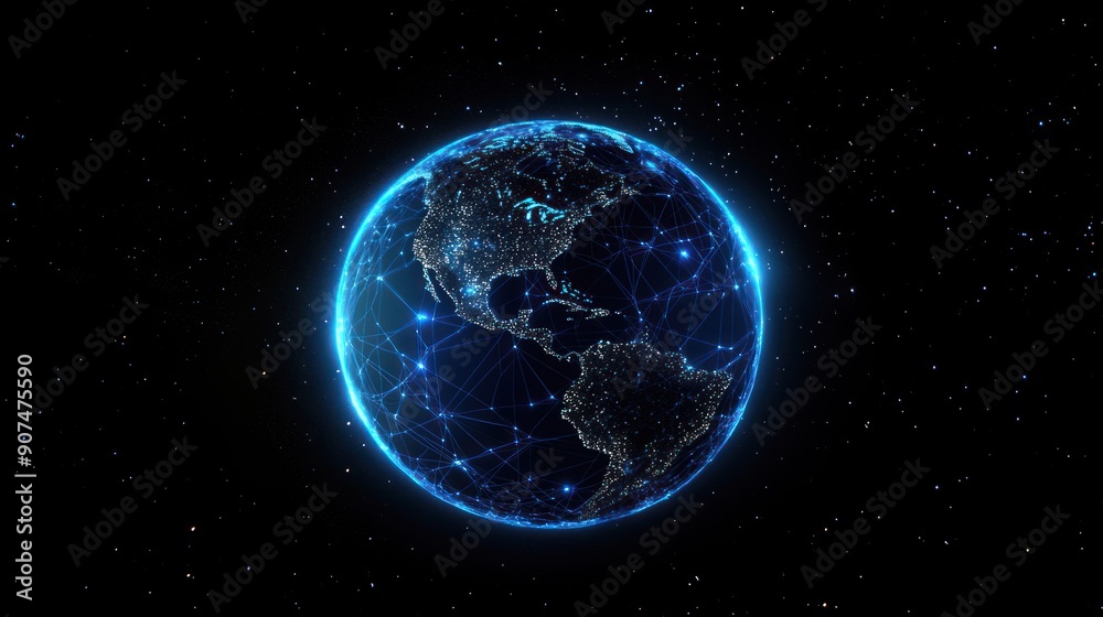 Poster a glowing blue earth with a network of lines and dots against a black starry background.