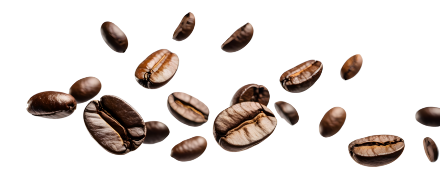 Isolated background, Time-lapse photography of coffee beans floating in the air, Transparent background PNG