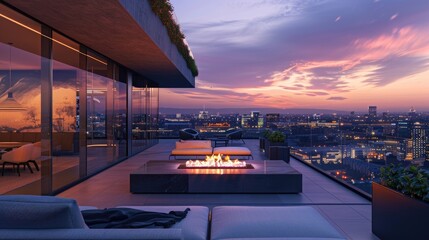 Fototapeta premium A modern terrace lounge with a sleek fire pit, comfortable seating, and a panoramic view of a vibrant cityscape at twilight.