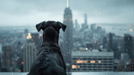 A Doberman Pinscher guards a rooftop overlooking a cityscape.