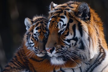 Naklejka premium Captures the tender bond between a mother tiger and her cub, showcasing their affectionate nature.