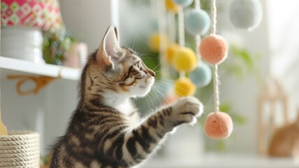 Bengal cat playfully interacting with hanging toys in a vibrant, contemporary playroom filled with fun and colorful designs.