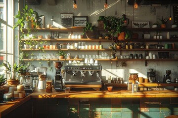 Coffee Shop Counter with Espresso Machine and Sunlight.