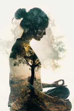 Young woman meditating with a peaceful forest inside her body