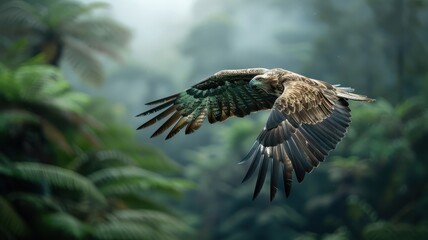 Obraz premium In a lush jungle, an eagle swoops through dense foliage, its eyes locked on prey.