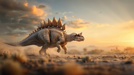 At sunset, a Stegosaurus wanders through an open plain, the sky ablaze with colors.