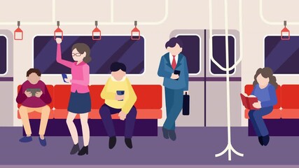 Animated Subway Scene. A group of cartoon commuters on a subway train. Flat design style illustrated animation in 4k. Daily life, city life and transportation concepts. Looped.