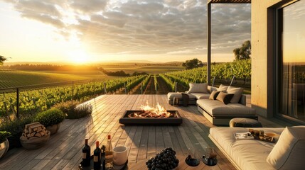 Fototapeta premium A stylish terrace lounge with a chic outdoor fireplace, modern sofas, and a captivating view of a rolling vineyard under a setting sun.