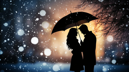 romantic, silhouette of a couple under an umbrella in winter