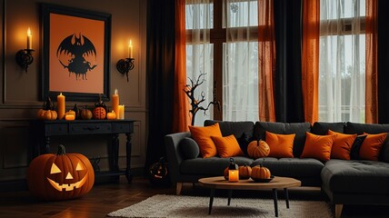 Obraz premium Interior of living room decorated for Halloween with sofa and pumpkins