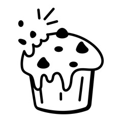 A doodle style icon of muffin with chocolate chip topping 