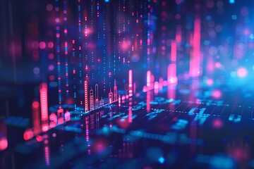 Financial Stock graph chart blue and purple light. Analyze stock market finance volume of stock market with Graph and chart holograph technology.