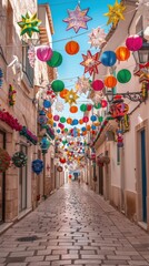 Festive decorations in a narrow street.