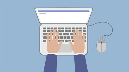 4k, Animated video in cartoon style showing hands typing on a keyboard. digital communication, technology, work, and office tasks concepts. Looped, luma matte attached.