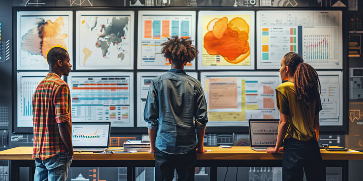 A tech startup's office with a team preparing a new product with prototypes, mood boards, and digital screens showing project timelines