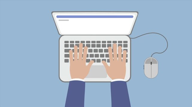 4k, Animated video in cartoon style showing hands typing on a keyboard. digital communication, technology, work, and office tasks concepts. Looped, luma matte attached.