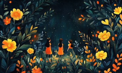 Obraz premium Illustration of children collecting folklore ingredients in a mystical setting, minimalist style, space for text.
