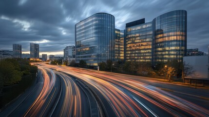 Fototapeta premium Cityscape with Glass Buildings and Light Trails on Highway