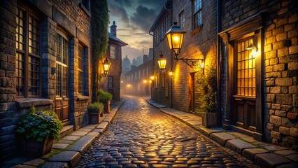 A cobblestone street at night, illuminated by antique lanterns, with shadowy figures and hidden doorways leading to unknown places.