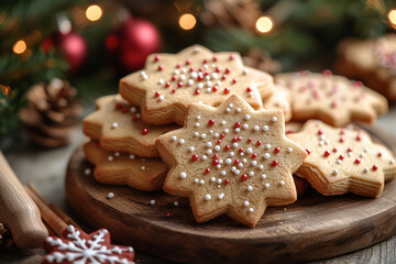 Festive Christmas cookies decorated with icing and sprinkles, set on a table with holiday decorations, capturing the joy of holiday baking.