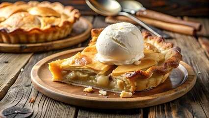 Golden Crust, Creamy Delight: A Luxurious Apple Pie with Melting Vanilla Ice Cream  AI Generated