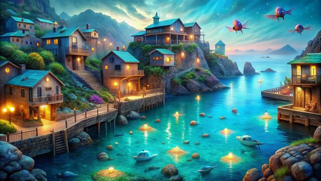 A quiet seaside village where the ocean is a different shade and sea creatures with glowing eyes can be seen in the depths.