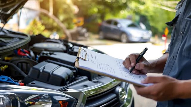 Auto check, Automobile repairmen write job checklists on a clipboard, mechanics check engines to estimate repair machines, inspect maintenance by an engineer at the vehicle garage, car service shop.