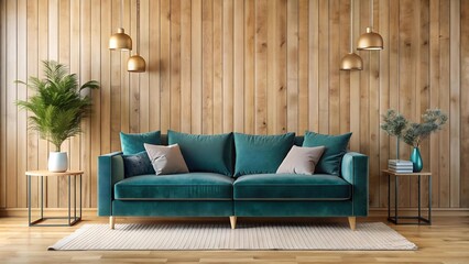 Serene Scandinavian Living Room with a Plush Velvet Sofa Against a Cream Wooden Wall  Generative AI