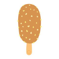 Illustrated chocolate covered ice cream popsicle with nut sprinkles on a stick. Simple, flat design, with a beige and brown color palette. Perfect for summer treat visuals.