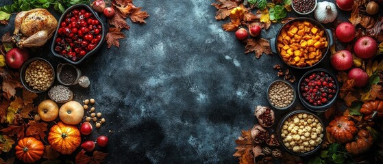 High angle of a table with various recipes and autumn leaves, people giving thanks, space for text.