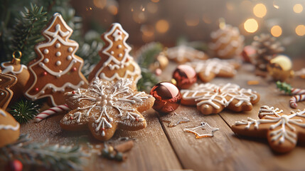  A festive display of beautifully decorated gingerbread cookies in various shapes, surrounded by Christmas ornaments and greenery on a wooden table. Perfect for holiday celebrations