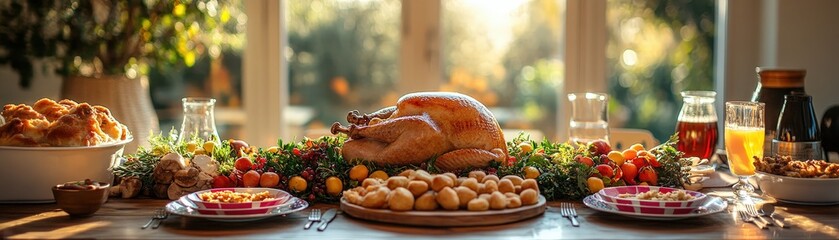 High angle of a table with a turkey, fun plates, and family members enjoying the meal, clear background, space for text.
