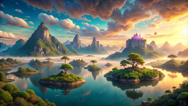 A serene mountain landscape with an otherworldly aura, where the sky has an unusual hue and floating islands can be seen in the distance.
