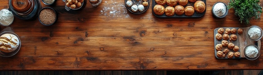 Obraz premium High angle of a kitchen counter with baked goods and family members interacting, clear background, space for text.