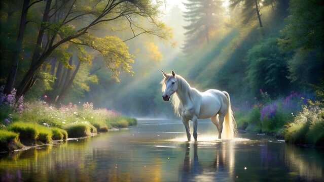 Whispers of Dawn: A Serene Unicorn Bathing in the River's Embrace  generative AI