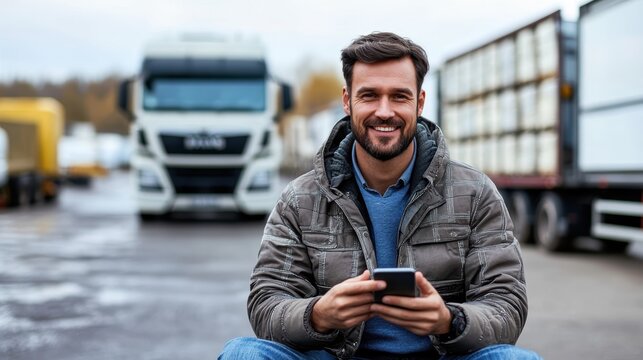 Happy truck driver using cell phone on parking