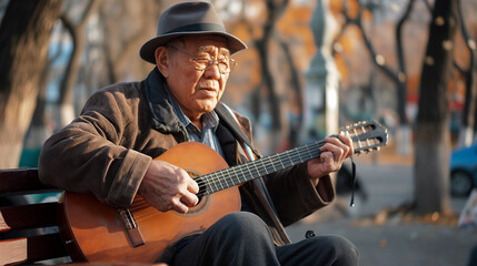 An older man is sitting on a bench and playing a guitar